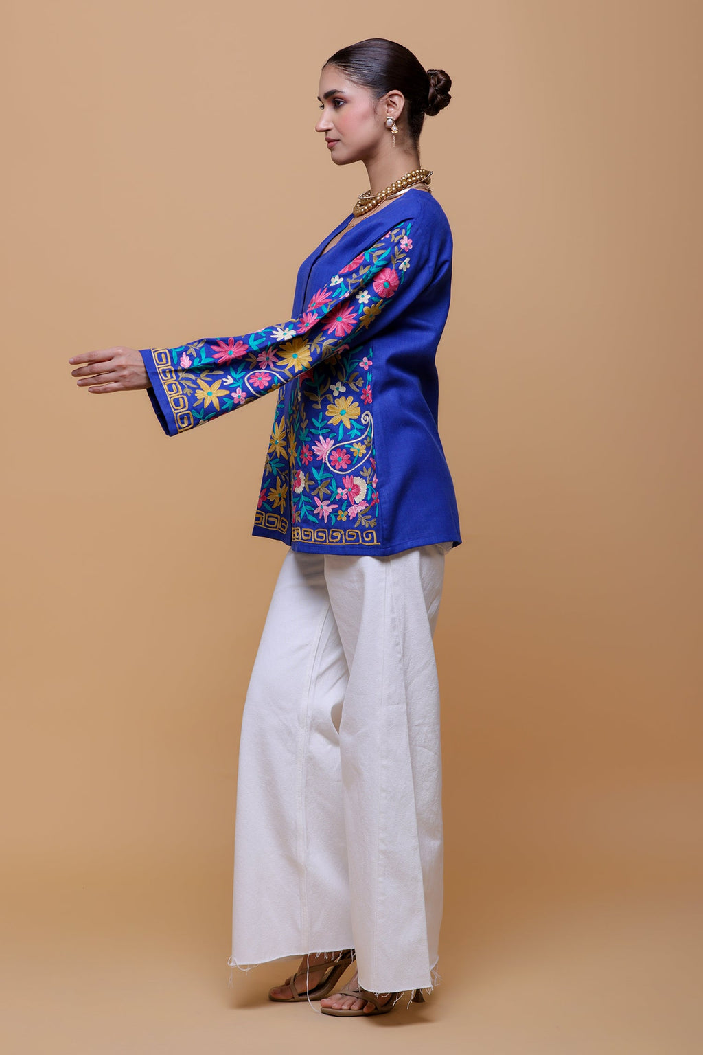Plus Size - Cotton Kashmiri Aari Short Jacket - Blue