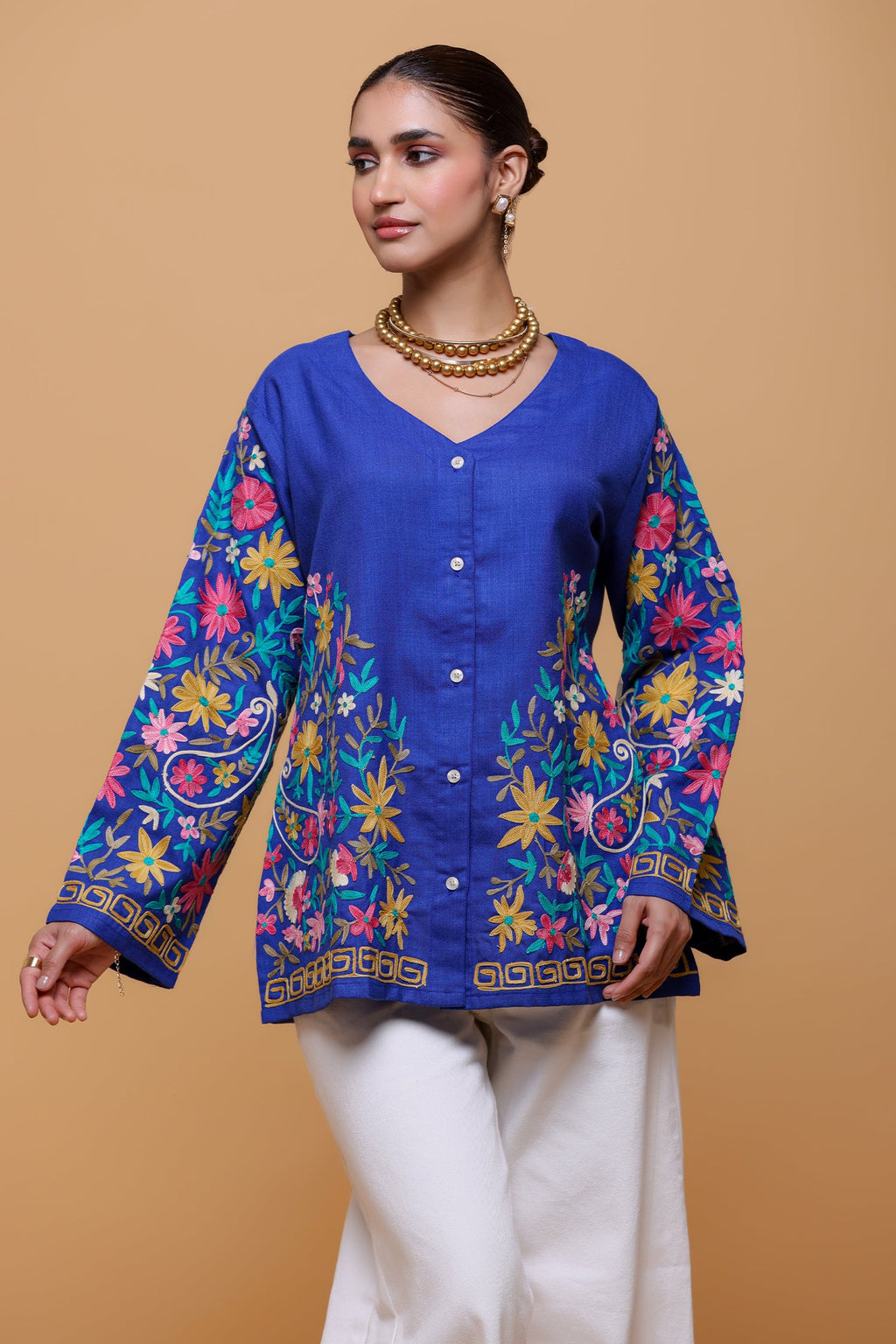 Plus Size - Cotton Kashmiri Aari Short Jacket - Blue