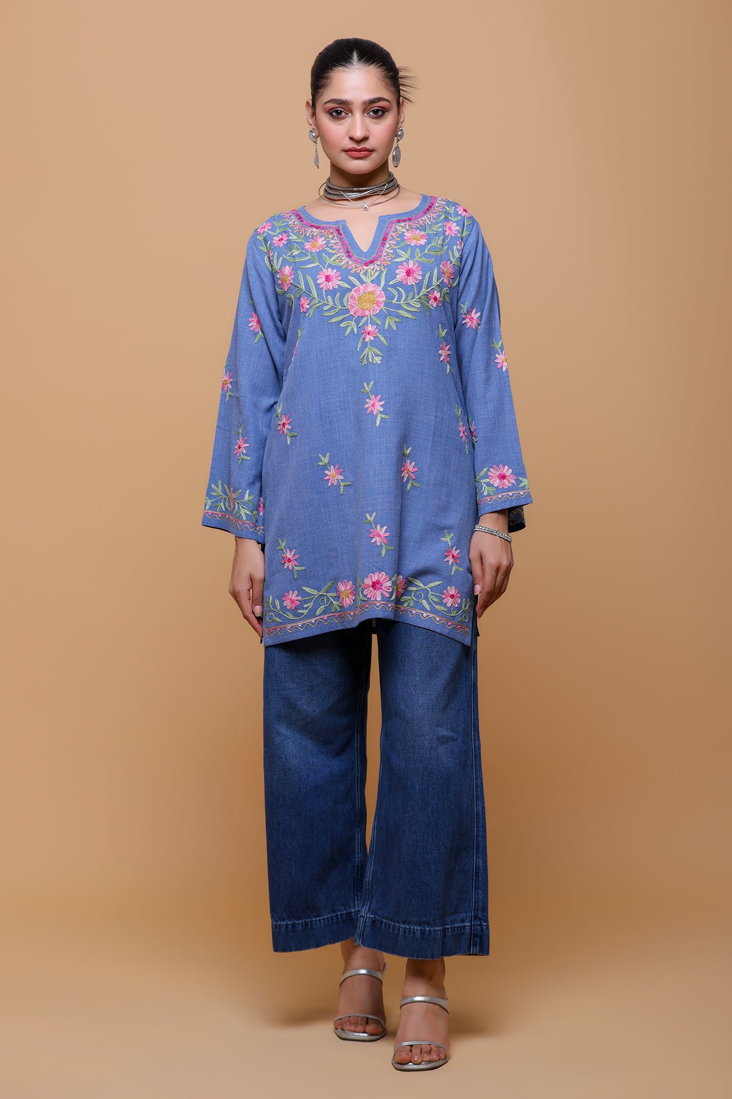 Kaashwi In Denim Cotton Kashmiri Aari Short Kurta - Denim Blue
