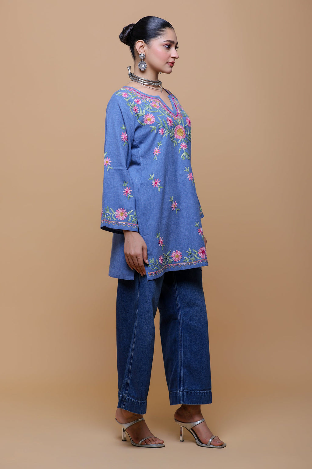 Plus Size - Denim Cotton Kashmiri Aari Short Kurta - Denim Blue