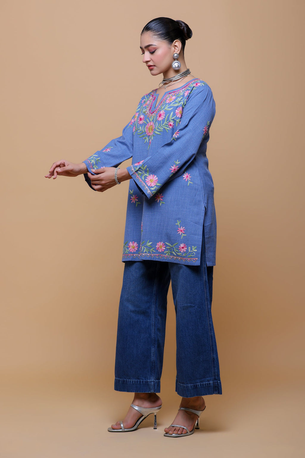 Kaashwi In Denim Cotton Kashmiri Aari Short Kurta - Denim Blue