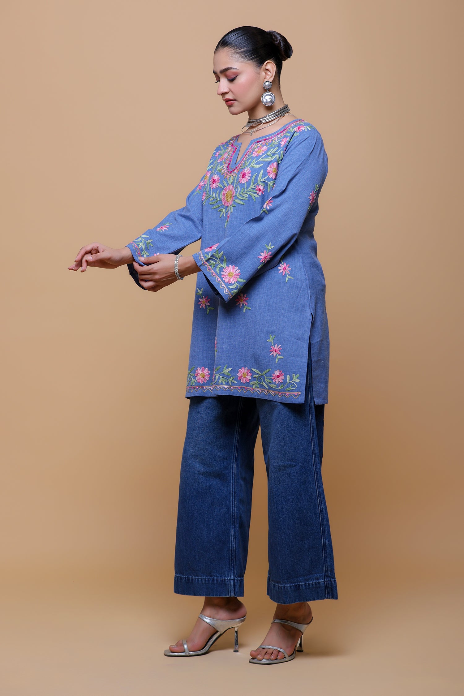 Kaashwi In Denim Cotton Kashmiri Aari Short Kurta - Denim Blue