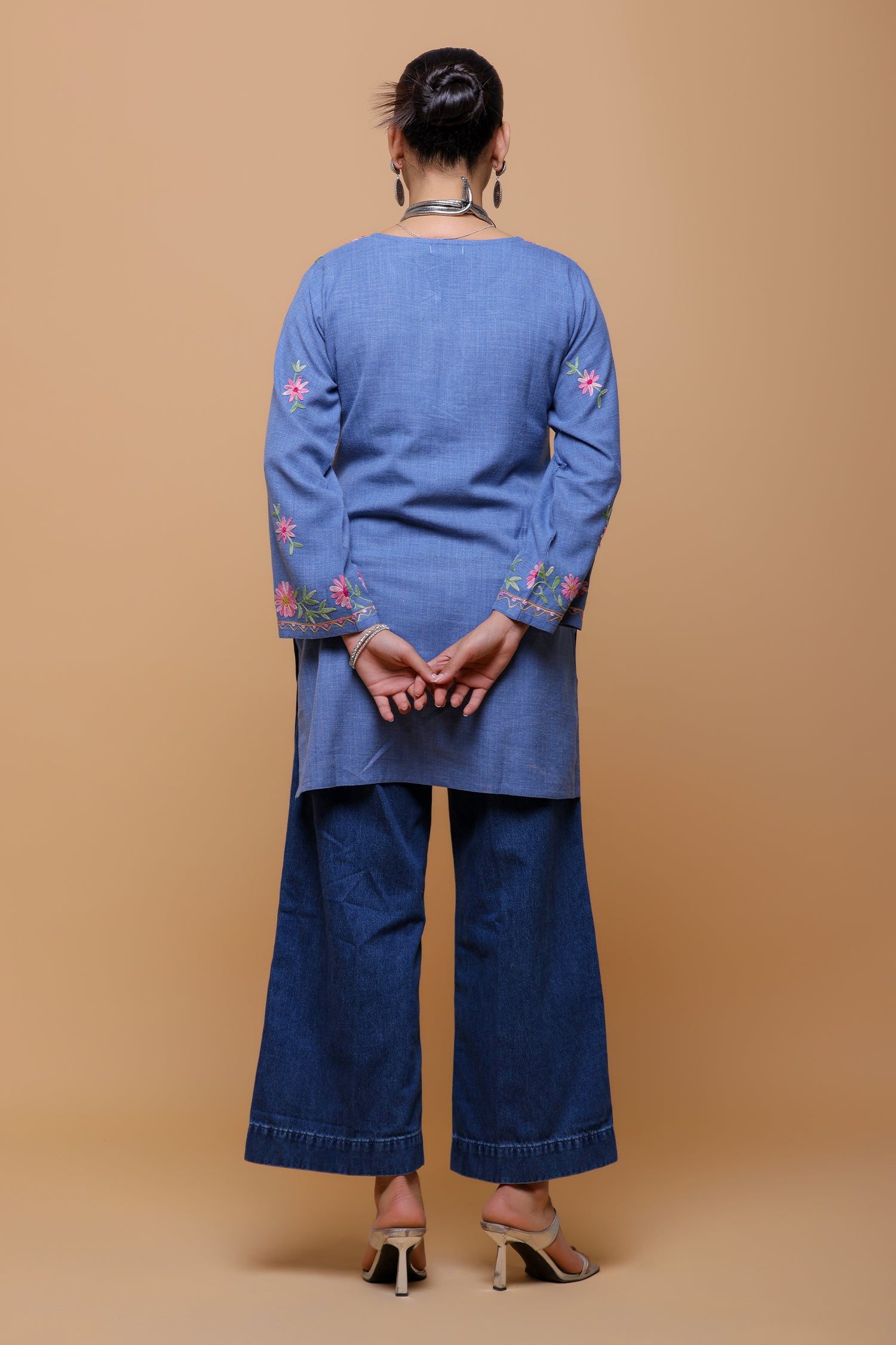 Plus Size - Denim Cotton Kashmiri Aari Short Kurta - Denim Blue