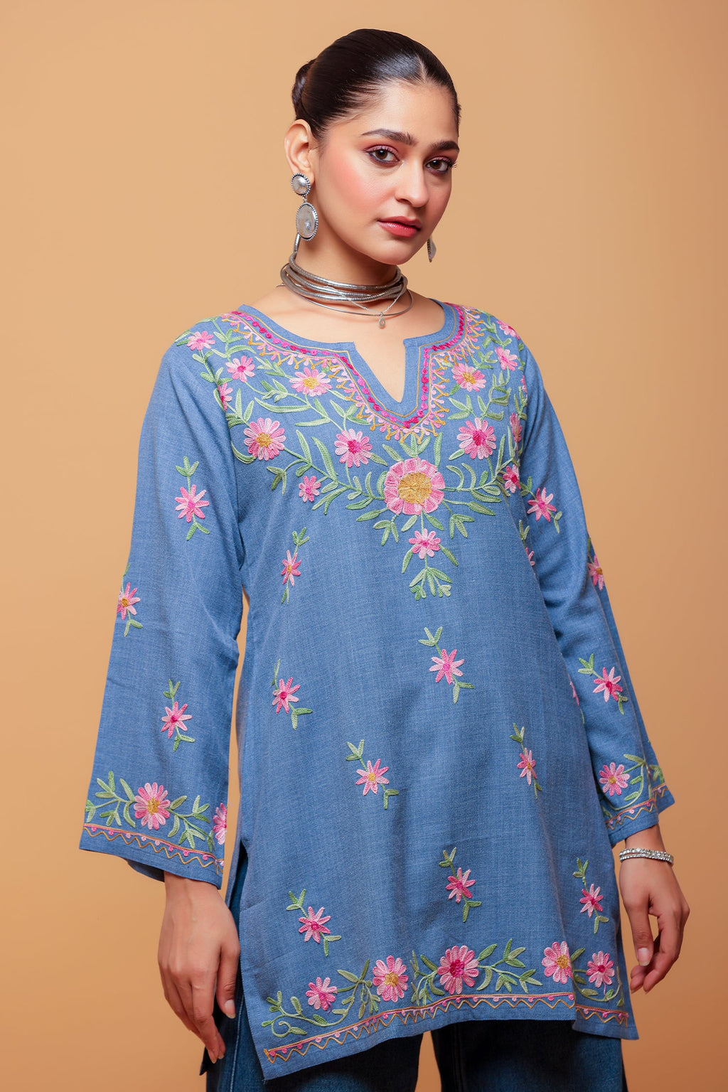 Kaashwi In Denim Cotton Kashmiri Aari Short Kurta - Denim Blue
