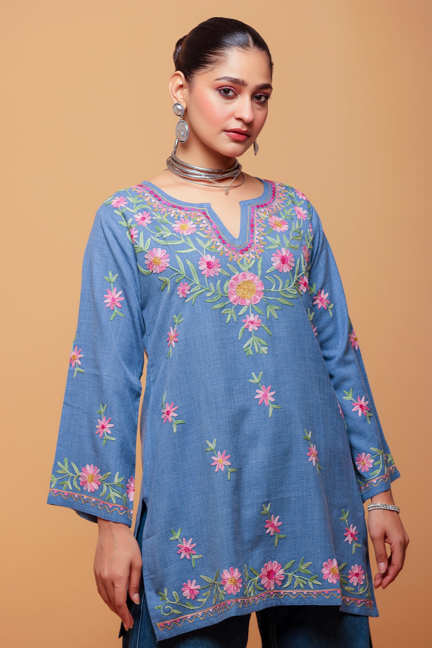 Kaashwi In Denim Cotton Kashmiri Aari Short Kurta - Denim Blue