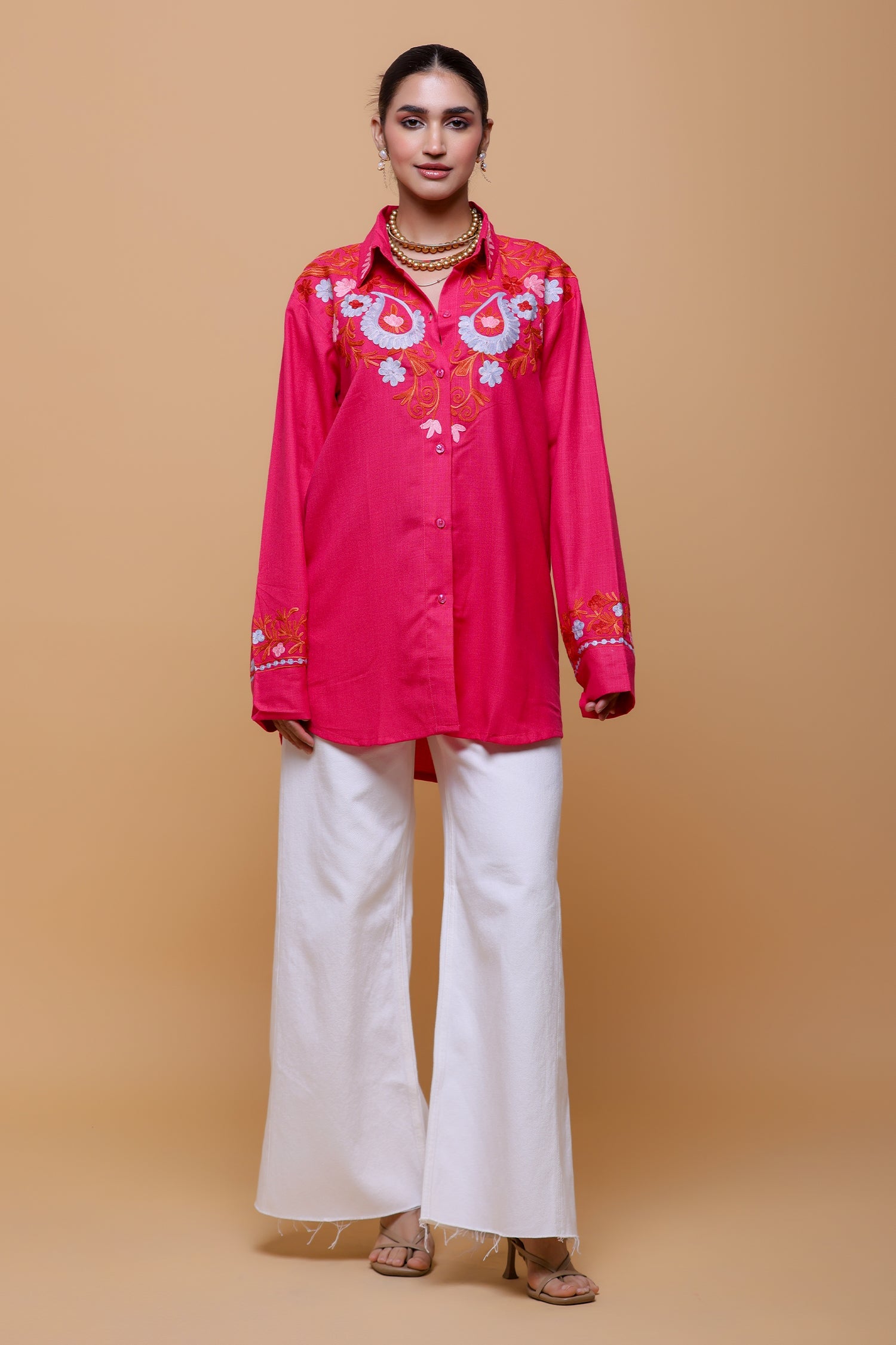 Sonali In Cotton Kashmiri Aari  Shirt - Pink