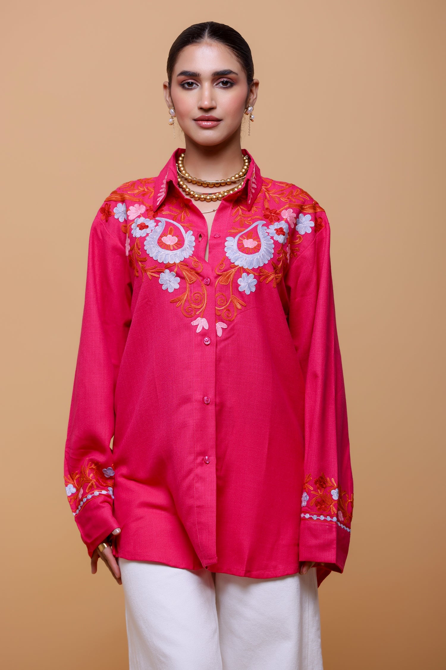 Sonali In Cotton Kashmiri Aari  Shirt - Pink