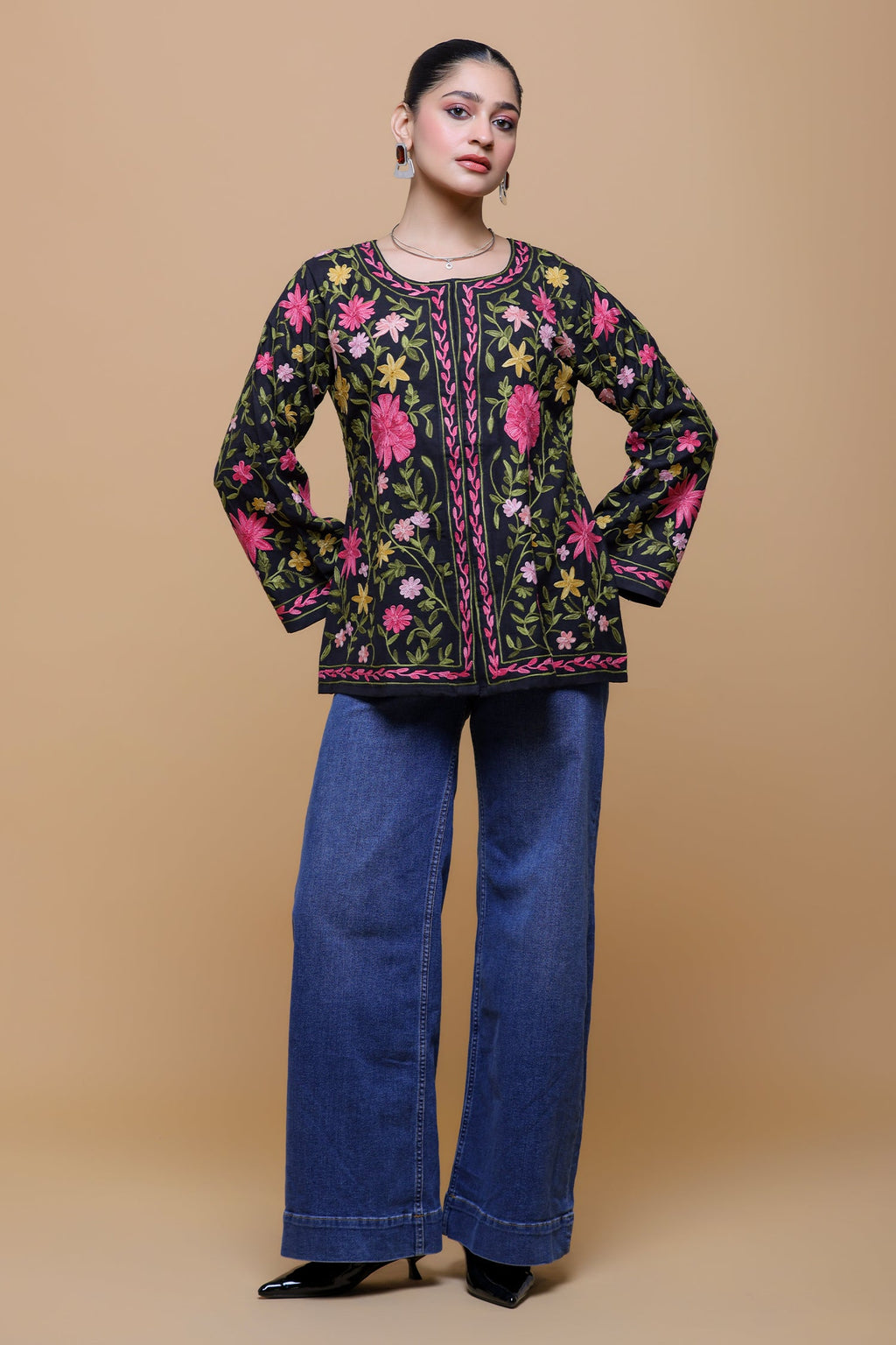 Cotton Kashmiri Aari Short Jacket - Black