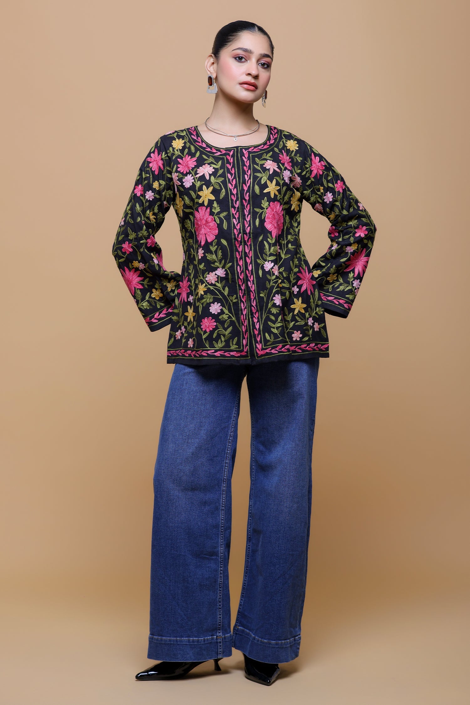 Cotton Kashmiri Aari Short Jacket - Black