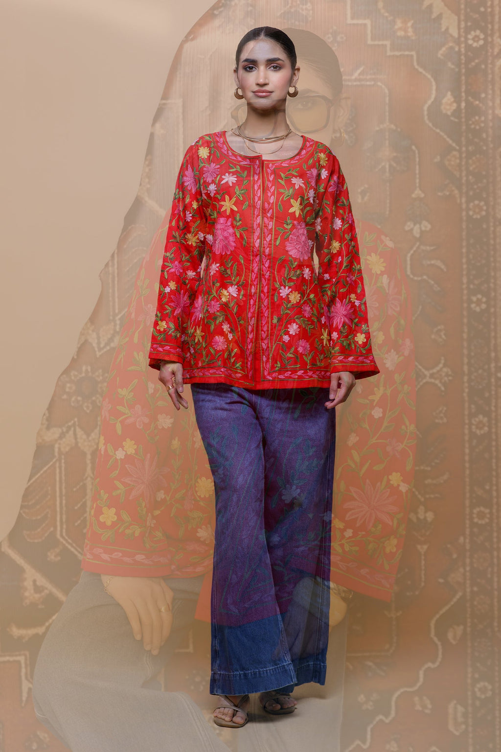 Shikha In Cotton Kashmiri Aari Short Jacket - Red