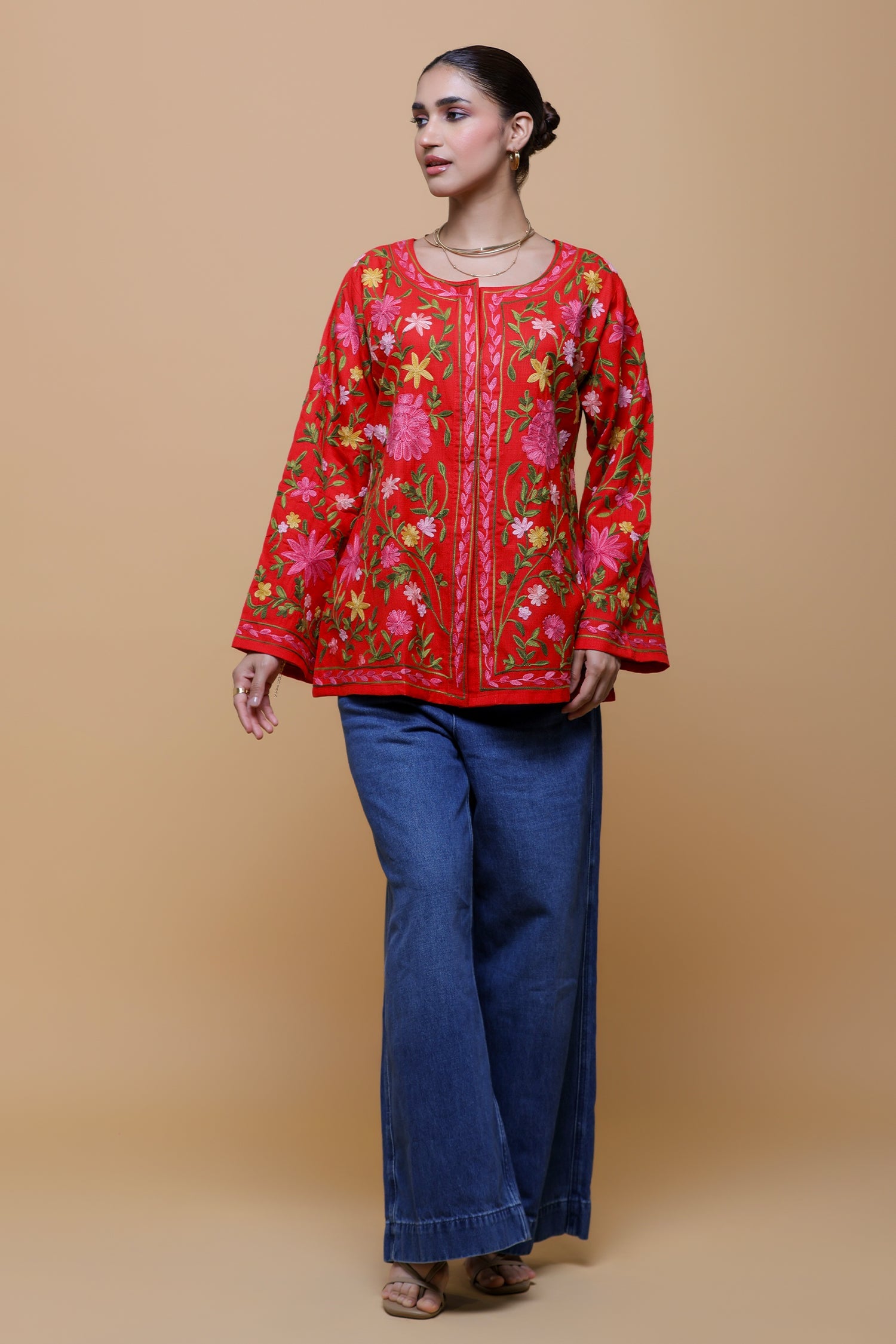 Shikha In Cotton Kashmiri Aari Short Jacket - Red