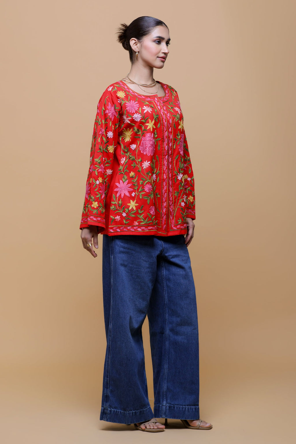 Shikha In Cotton Kashmiri Aari Short Jacket - Red