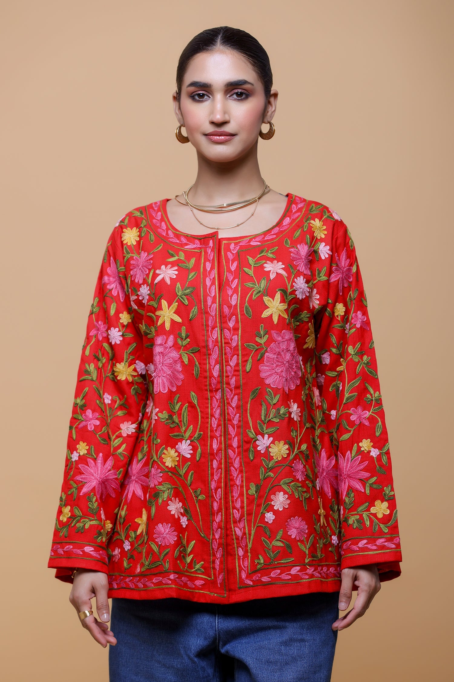Plus Size - Cotton Kashmiri Aari Short Jacket - Red