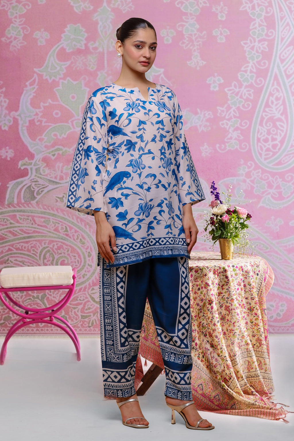 Neha x HOK in Ivory & Indigo Printed Lawn Cotton Co-ord Set with Straight Pants