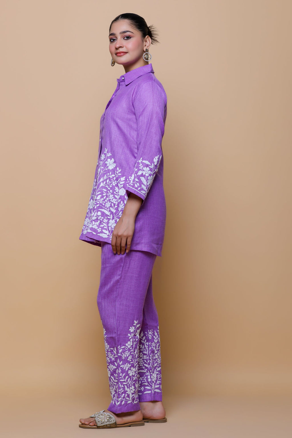 Slub Cotton Chikankari Kurta Set - Purple