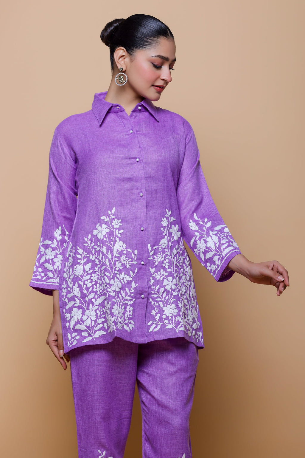 Slub Cotton Chikankari Kurta Set - Purple
