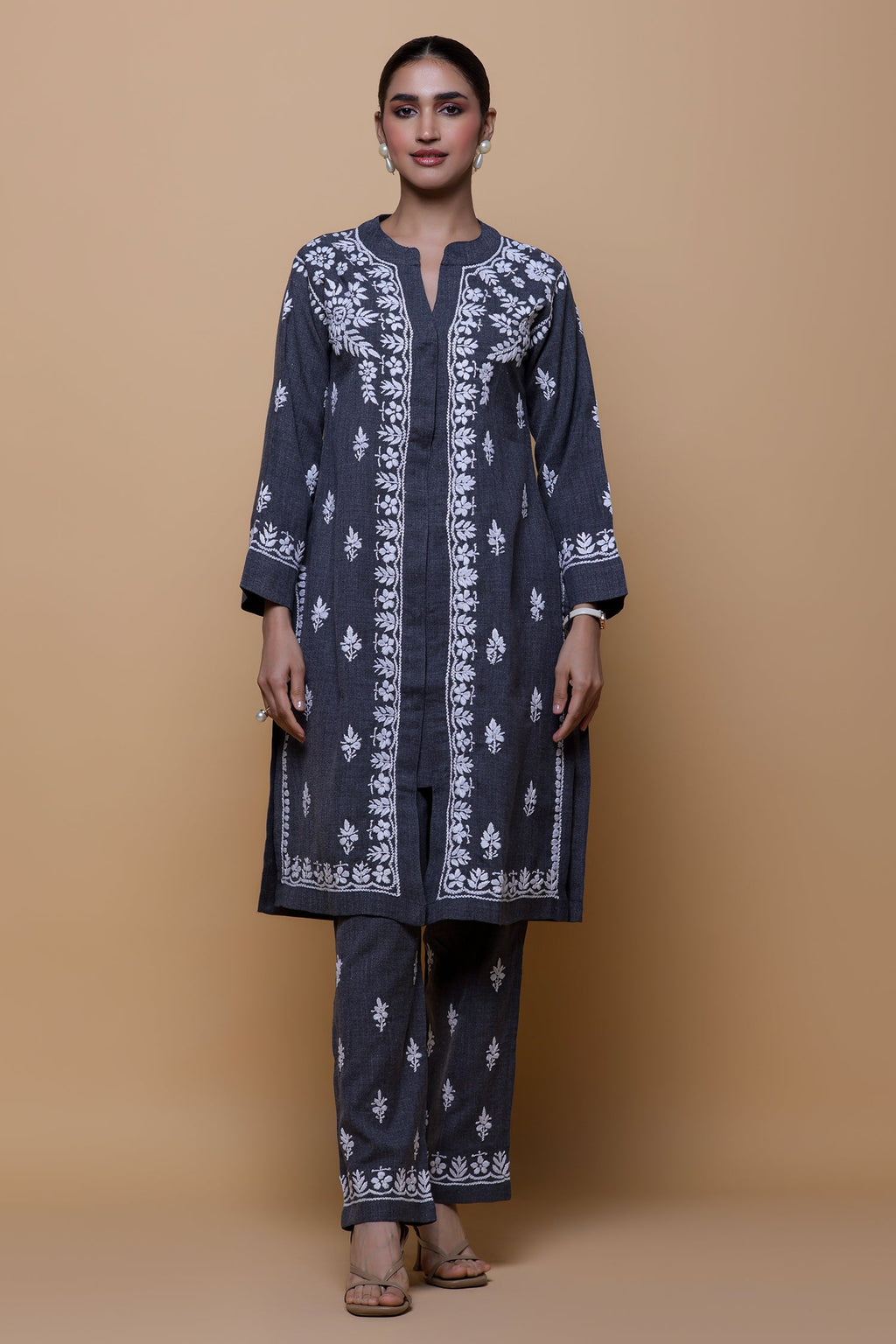 Denim Cotton Chikankari Kurta Set - Charcoal Grey