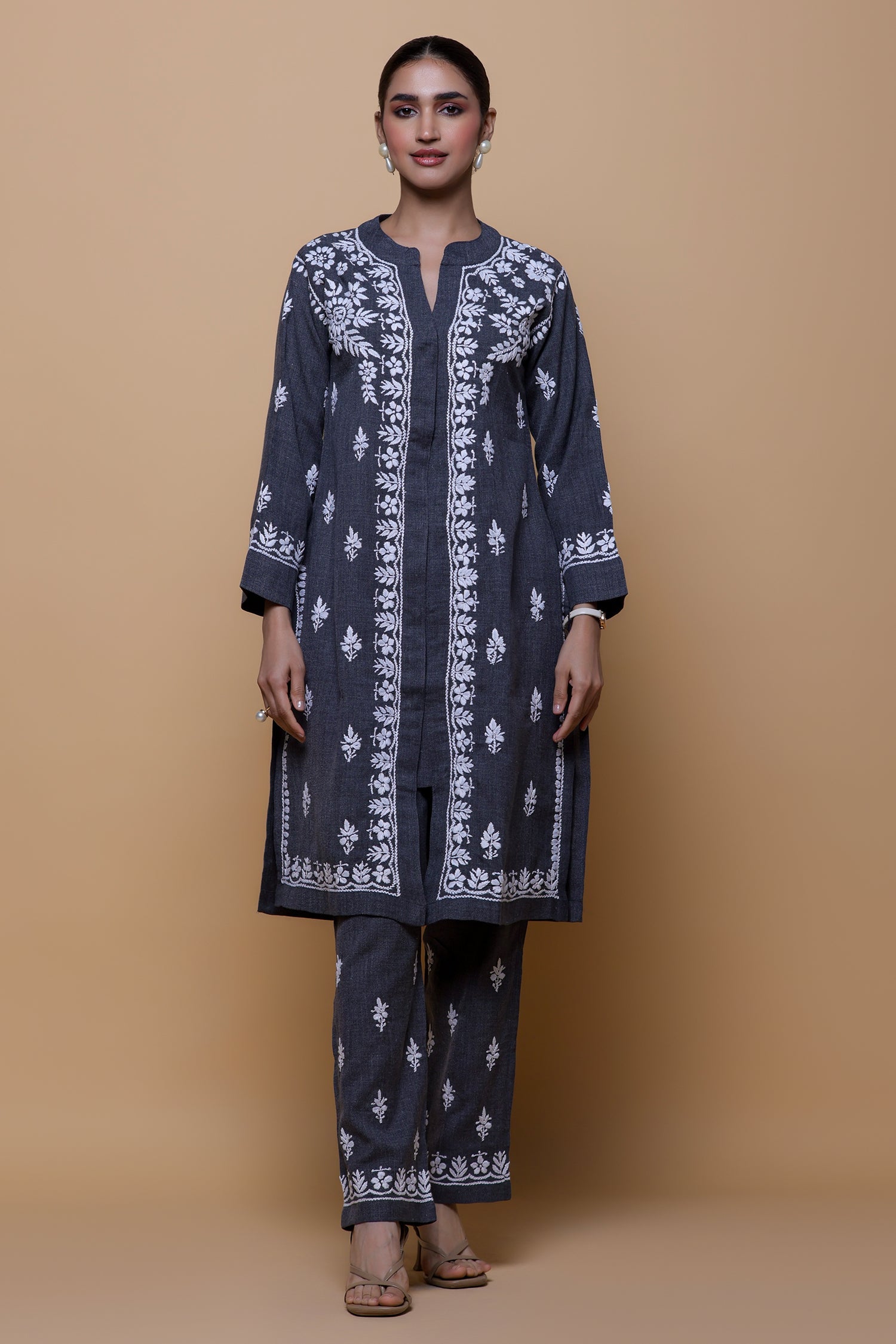 Denim Cotton Chikankari Kurta Set - Charcoal Grey