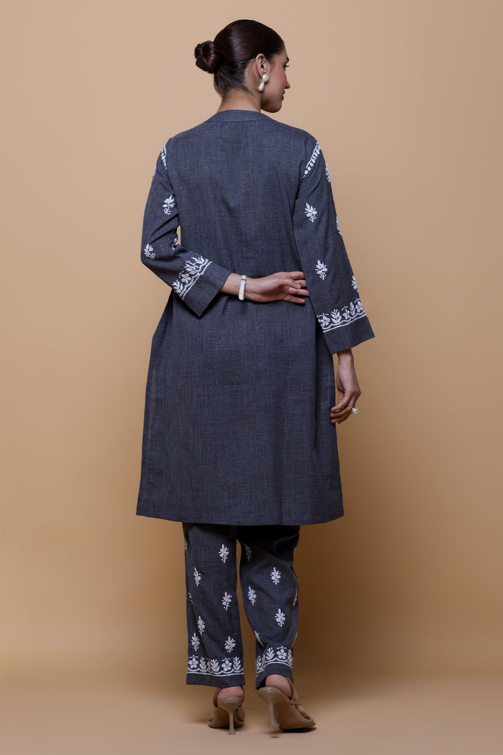 Denim Cotton Chikankari Kurta Set - Charcoal Grey
