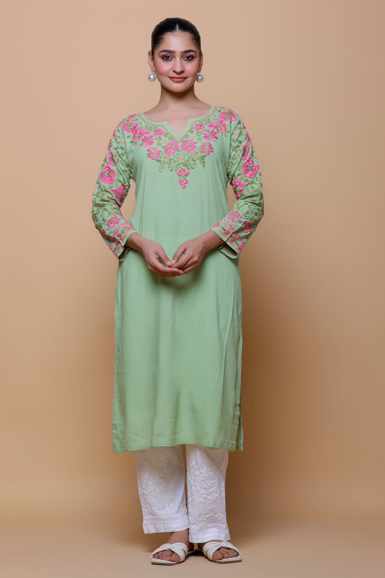 Rayon Chikankari Long Kurta – Pista Green