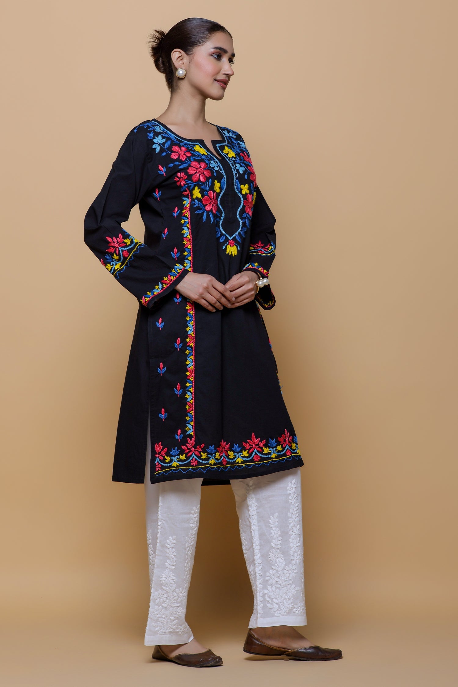 Cotton Chikankari Long Kurta - Black with Multicolour