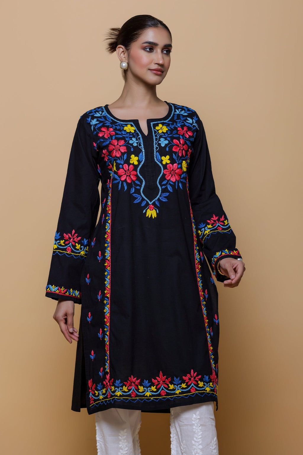 Cotton Chikankari Long Kurta - Black with Multicolour