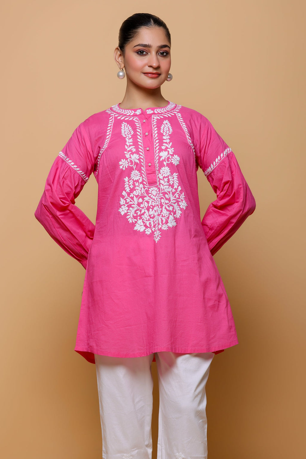Evneet In Cotton Chikankari Short Kurta - Pink
