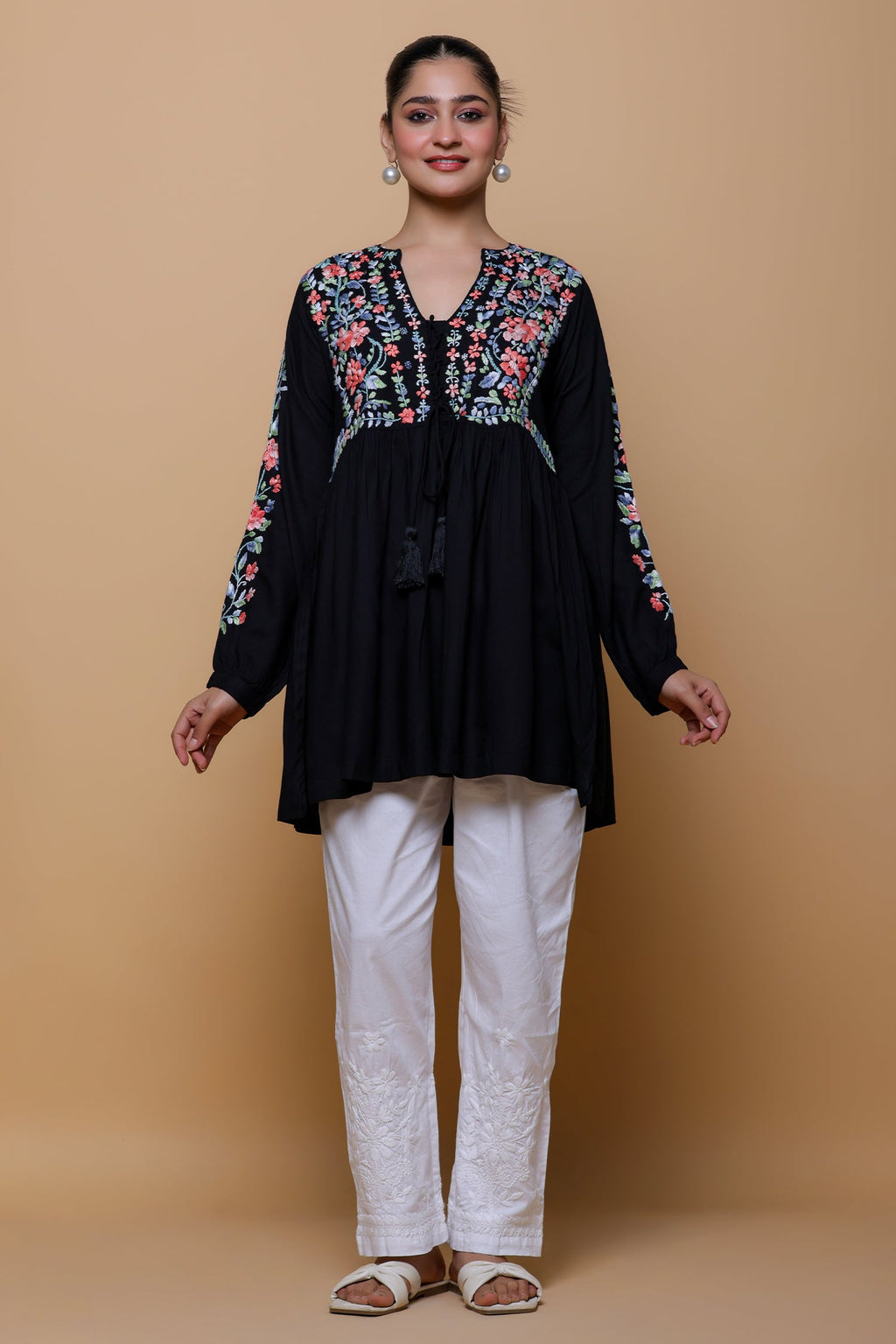 Rayon Chikankari Short Kurta - Black