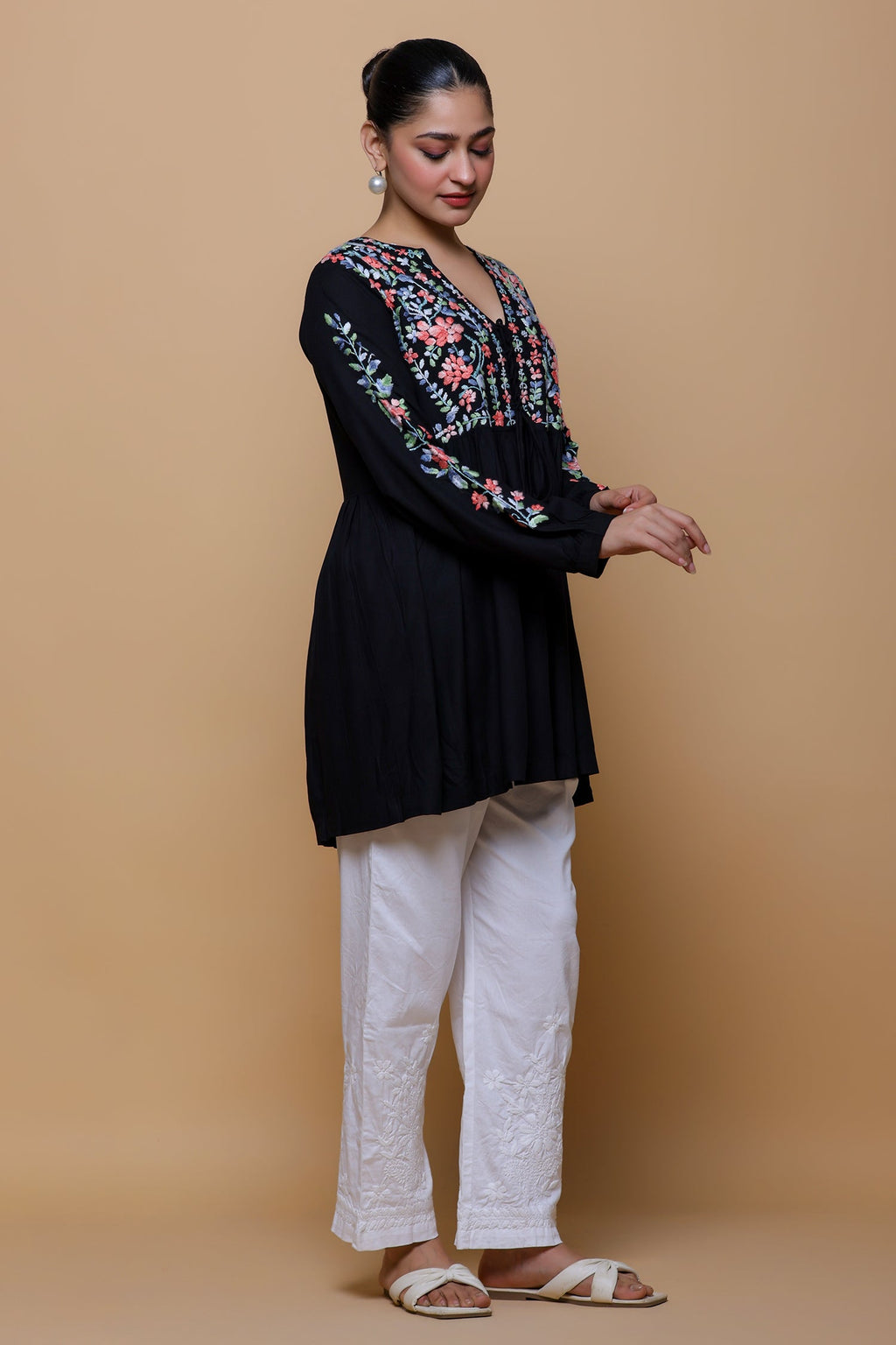 Rayon Chikankari Short Kurta - Black