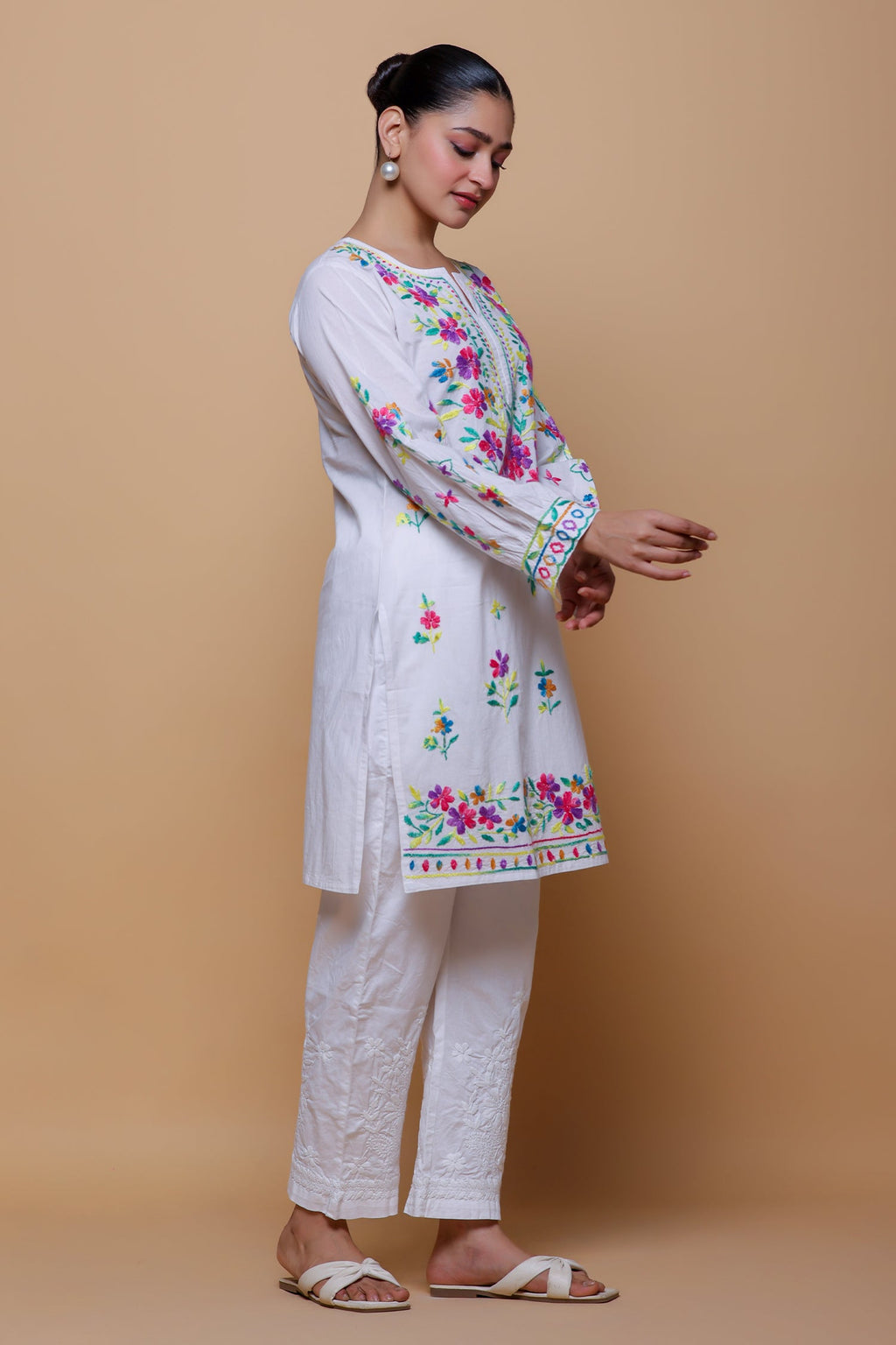 Cotton Chikankari Long Kurta - White