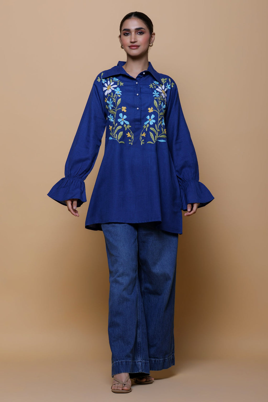 Denim Cotton Chikankari Shirt Kurta