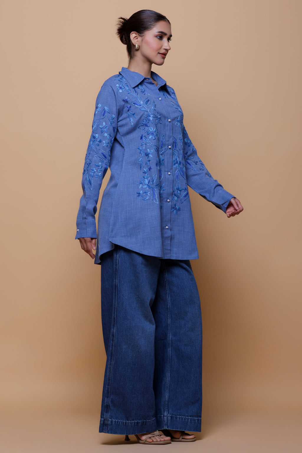 Denim Cotton Chikankari Shirt - Blue