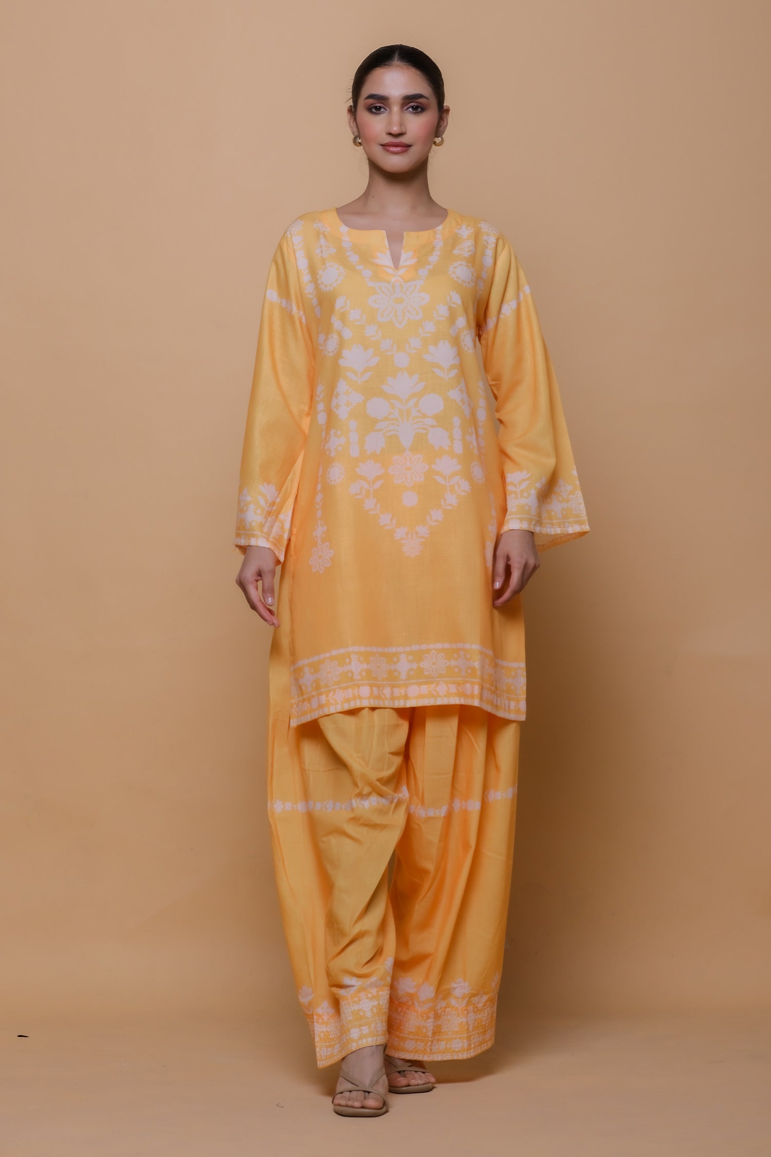 Sunshine Yellow Printed Lawn Cotton Co-ord Set with Farsi Pants