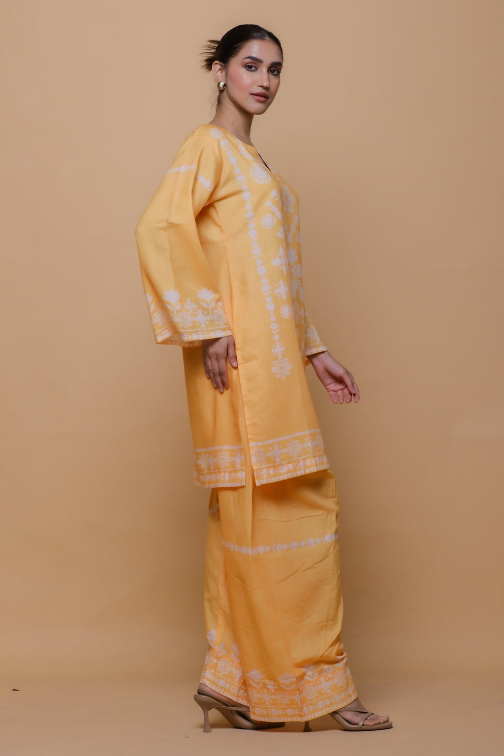 Sunshine Yellow Printed Lawn Cotton Co-ord Set with Farsi Pants