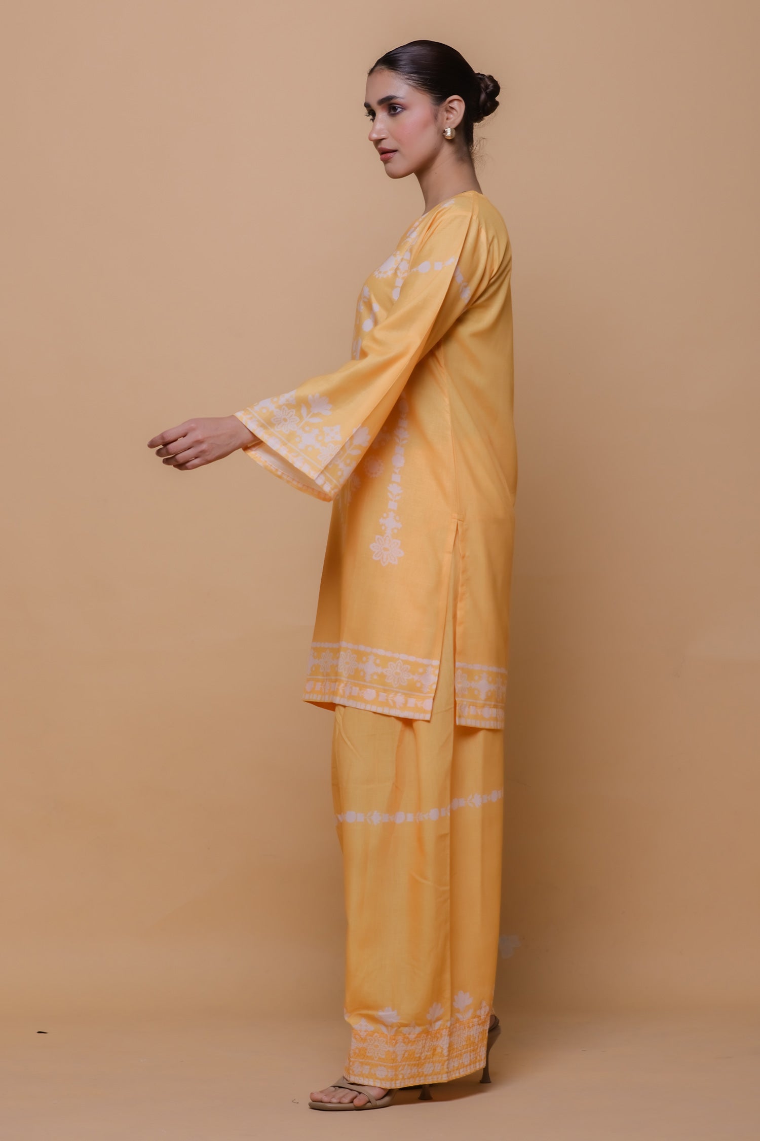Sunshine Yellow Printed Lawn Cotton Co-ord Set with Farsi Pants
