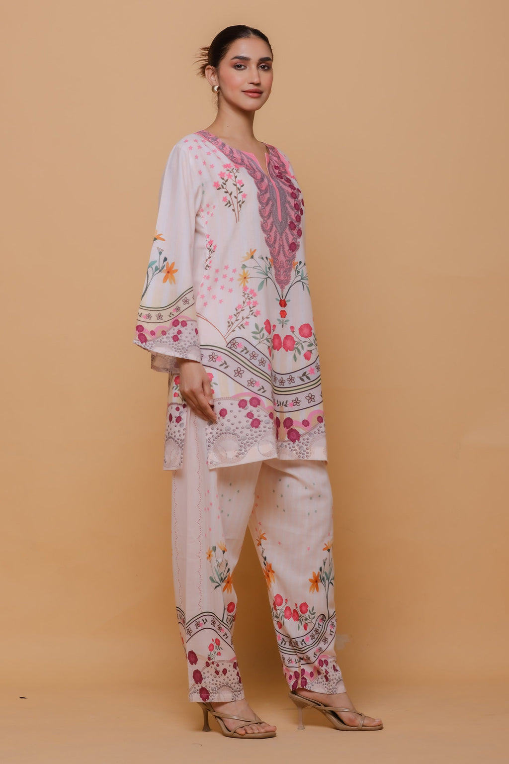 Neha x Ivory Floral Printed Lawn Cotton Co-ord Set with Straight Pants