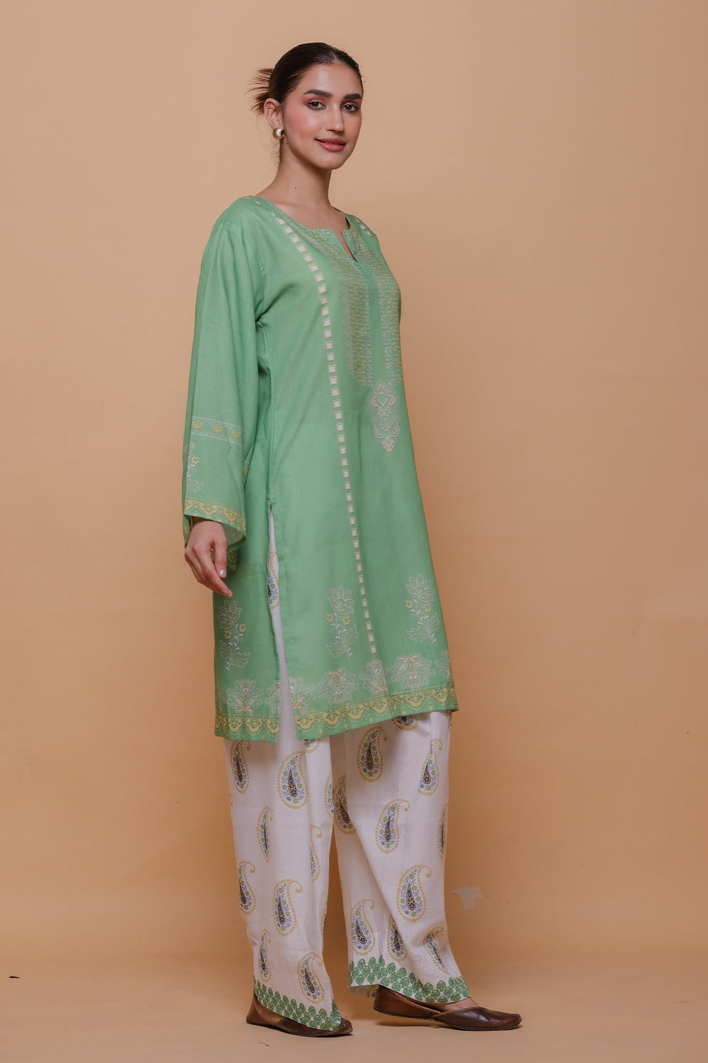 Green Printed Lawn Cotton Co-ord Set with Farsi Pants