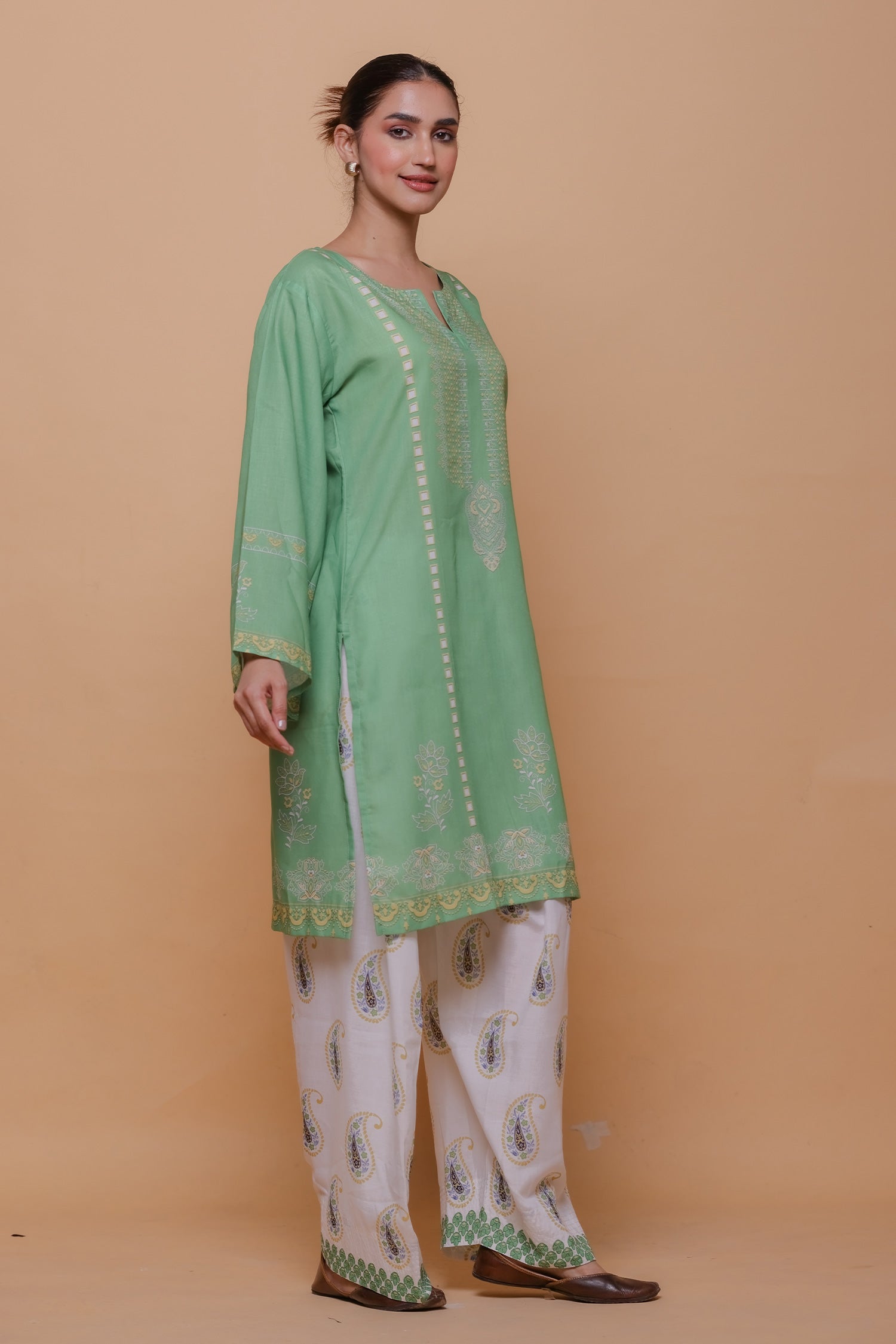 Green Printed Lawn Cotton Co-ord Set with Farsi Pants