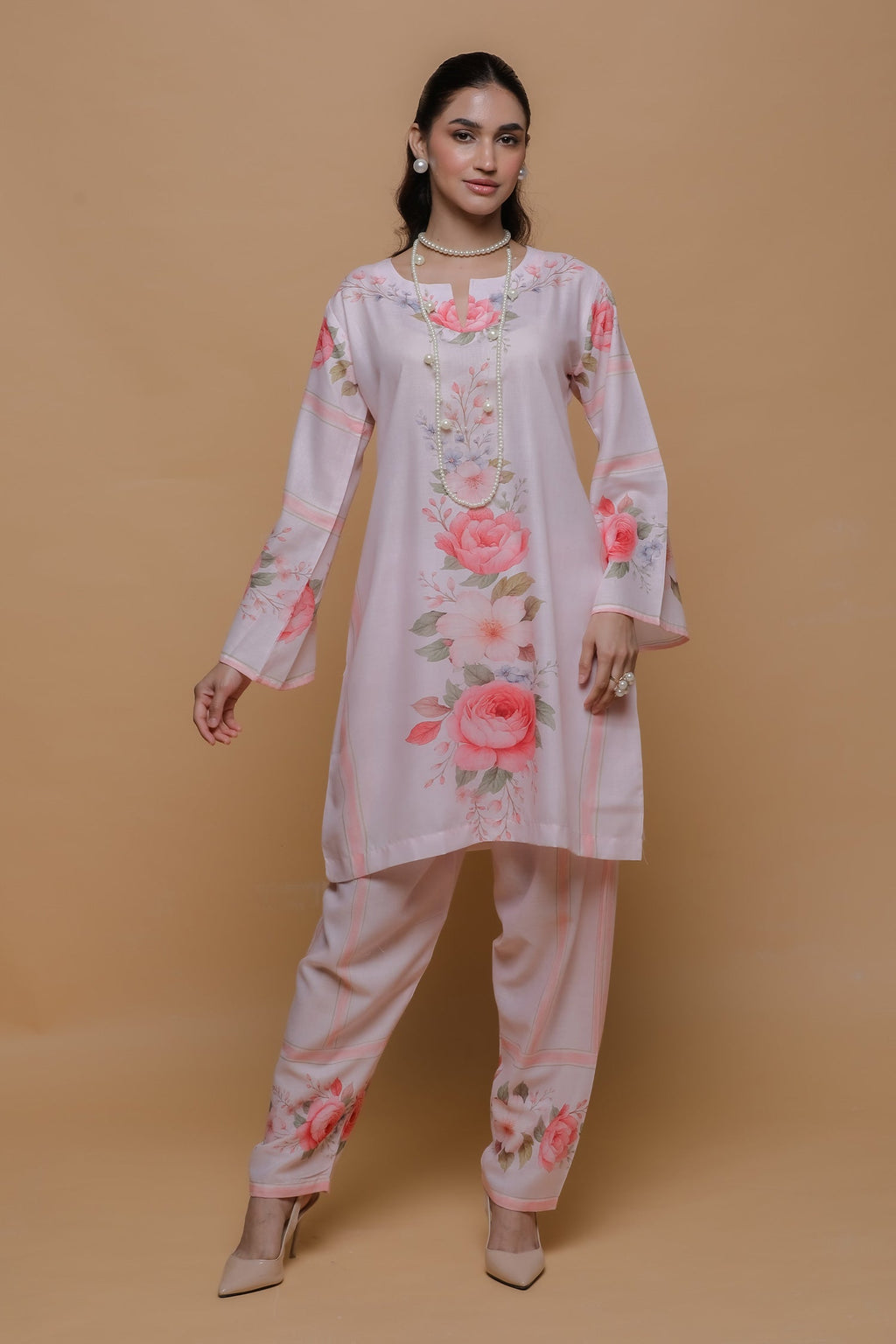 Priyanka x HOK in Blush Pink Floral Printed Lawn Cotton Co-ord Set with Straight Pants