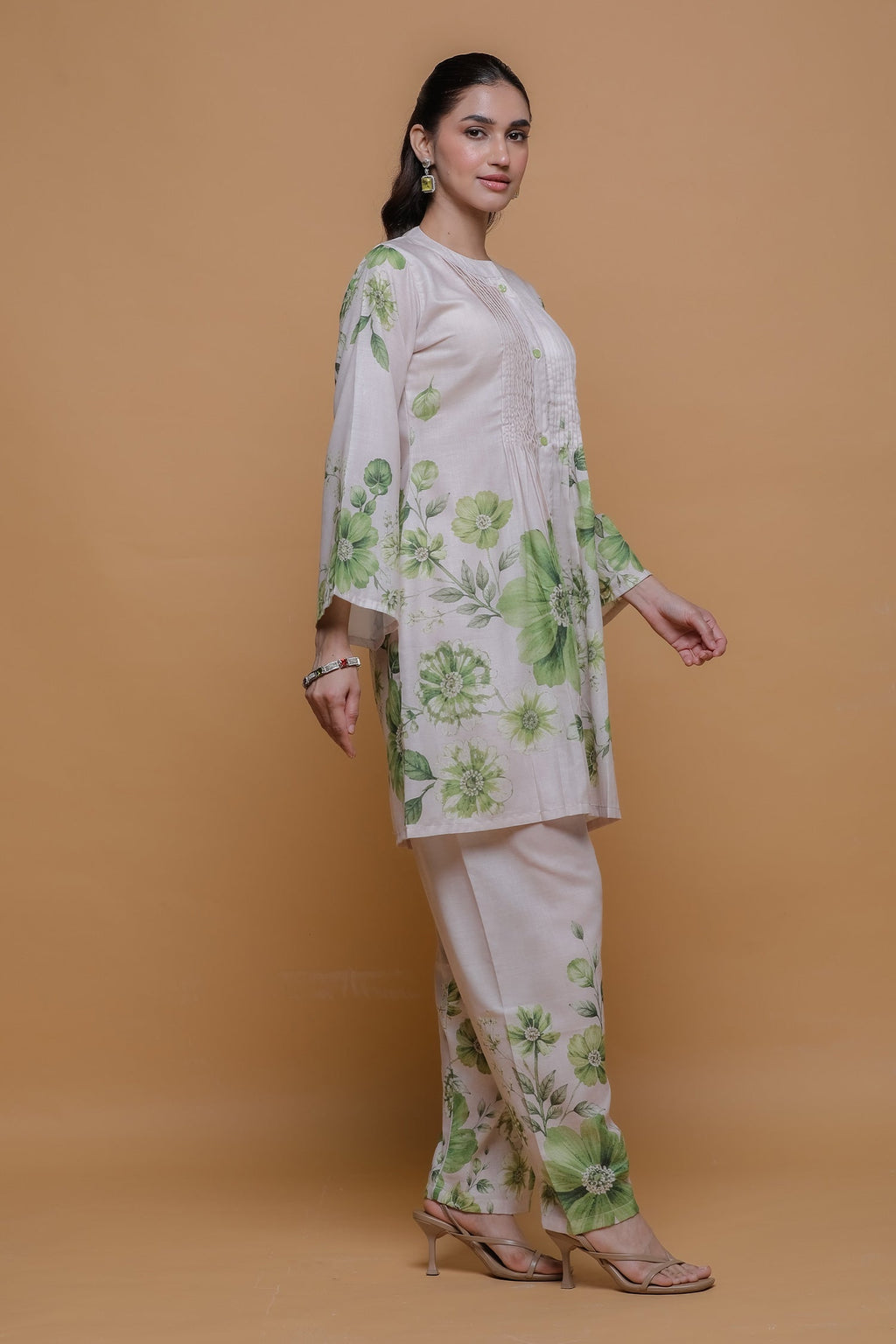 Ivory & Sage Green Printed Lawn Cotton Co-ord Set with Straight Pants