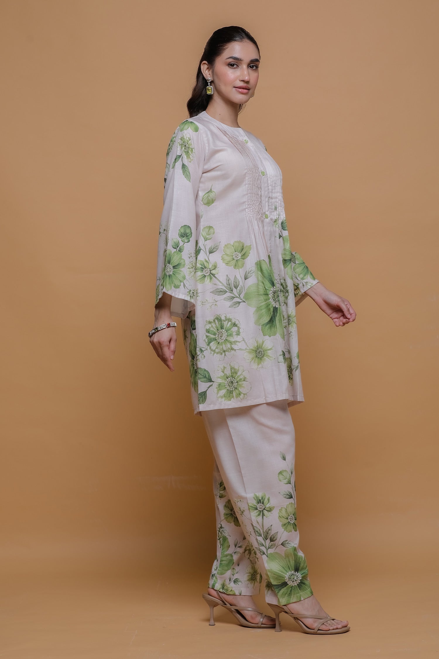 Ivory & Sage Green Printed Lawn Cotton Co-ord Set with Straight Pants