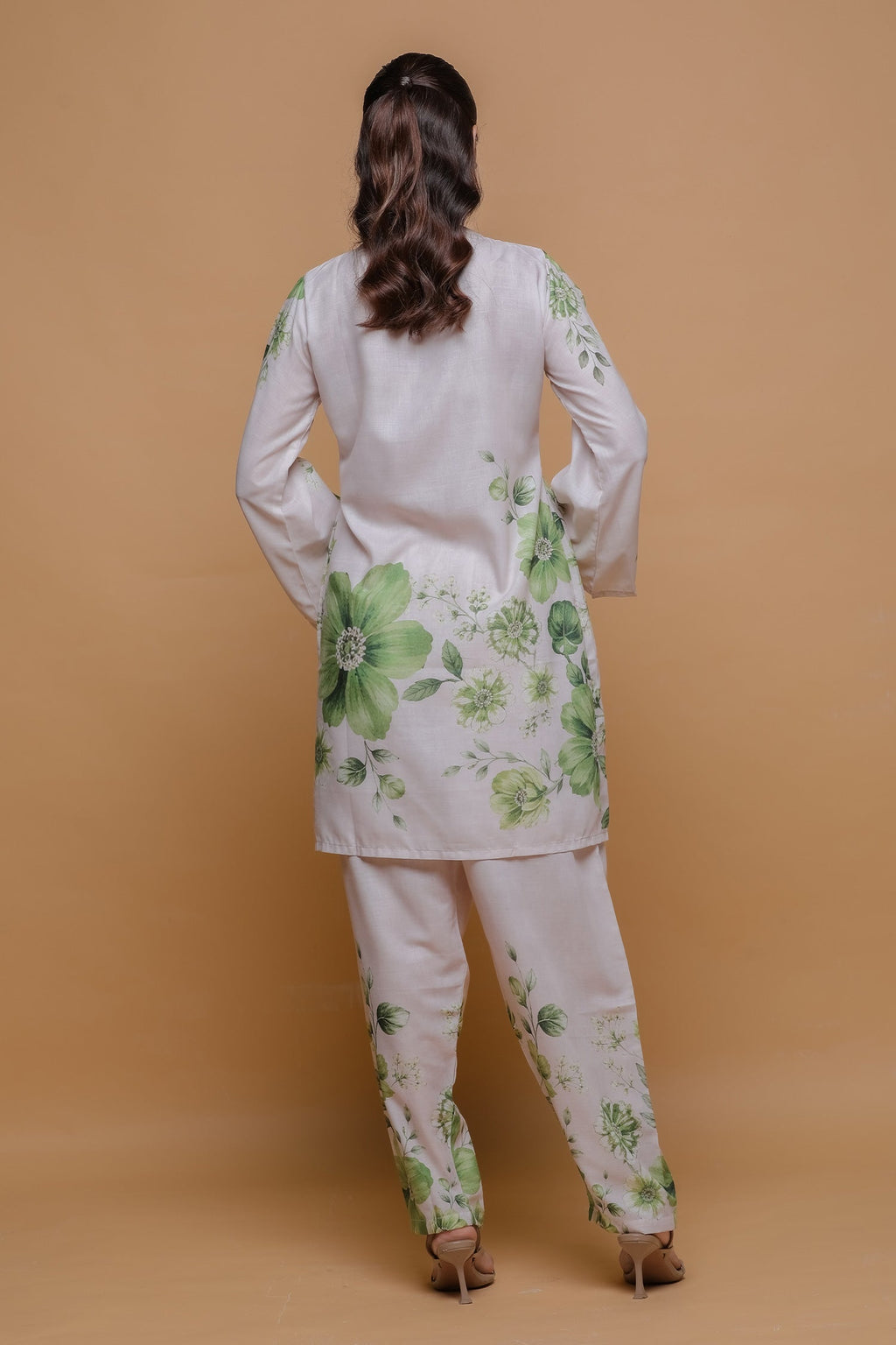 Ivory & Sage Green Printed Lawn Cotton Co-ord Set with Straight Pants