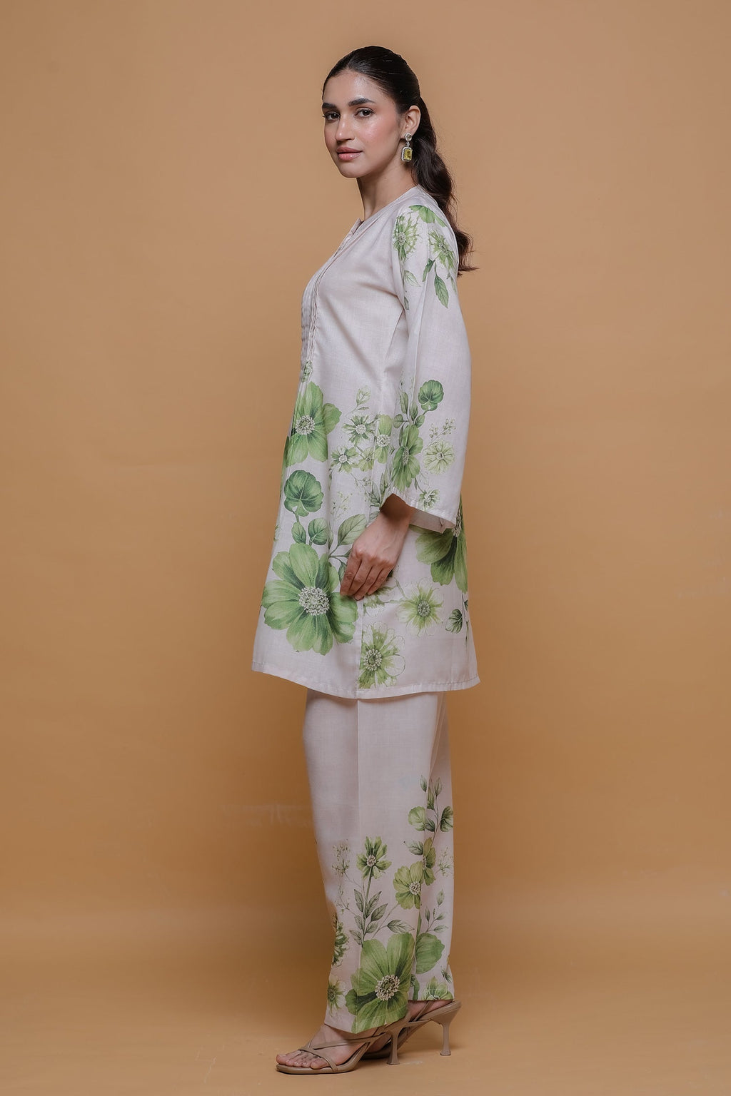 Ivory & Sage Green Printed Lawn Cotton Co-ord Set with Straight Pants