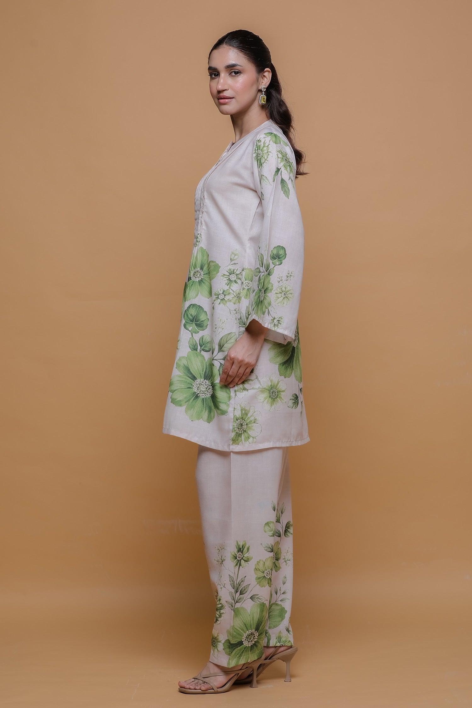 Ivory & Sage Green Printed Lawn Cotton Co-ord Set with Straight Pants