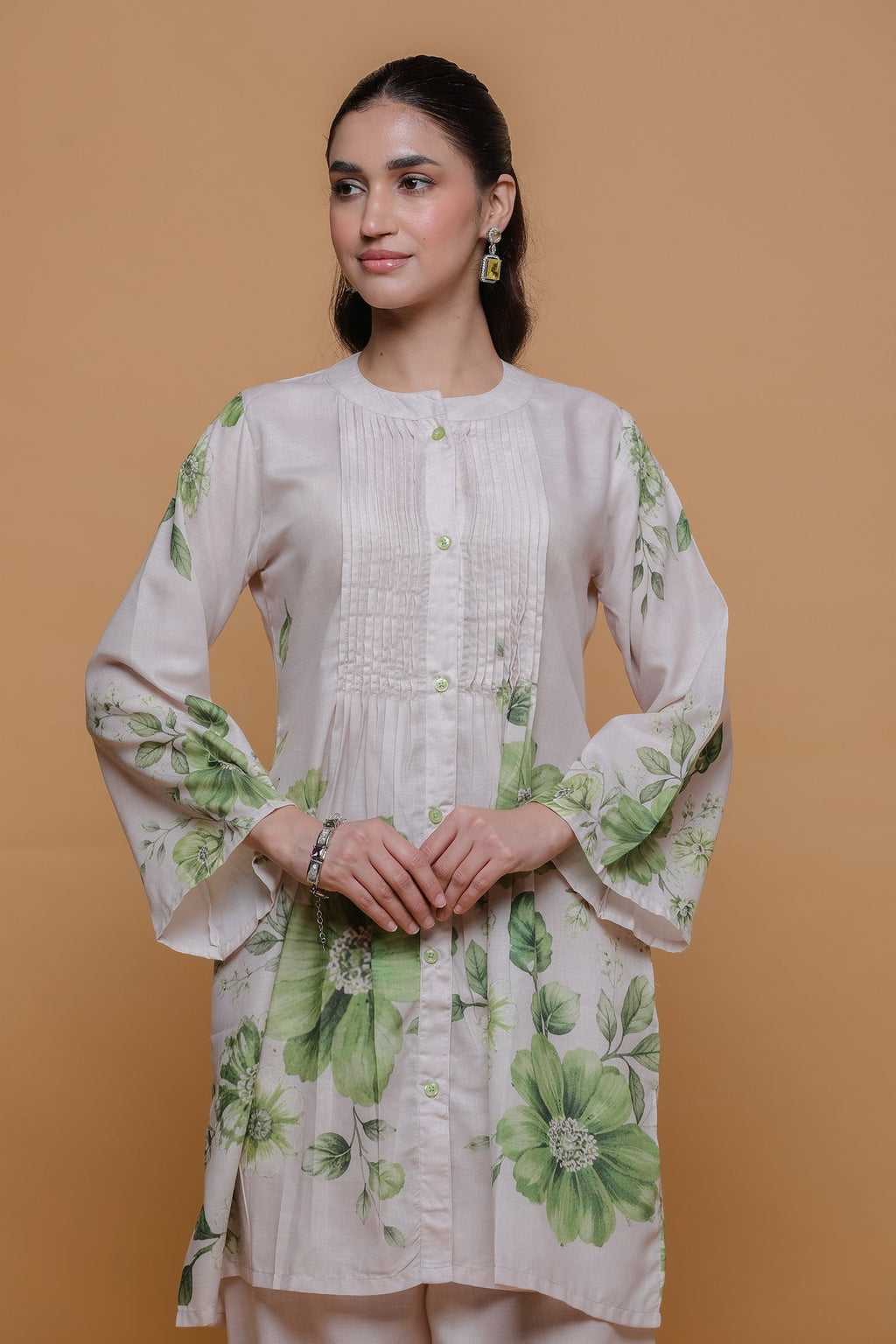 Ivory & Sage Green Printed Lawn Cotton Co-ord Set with Straight Pants