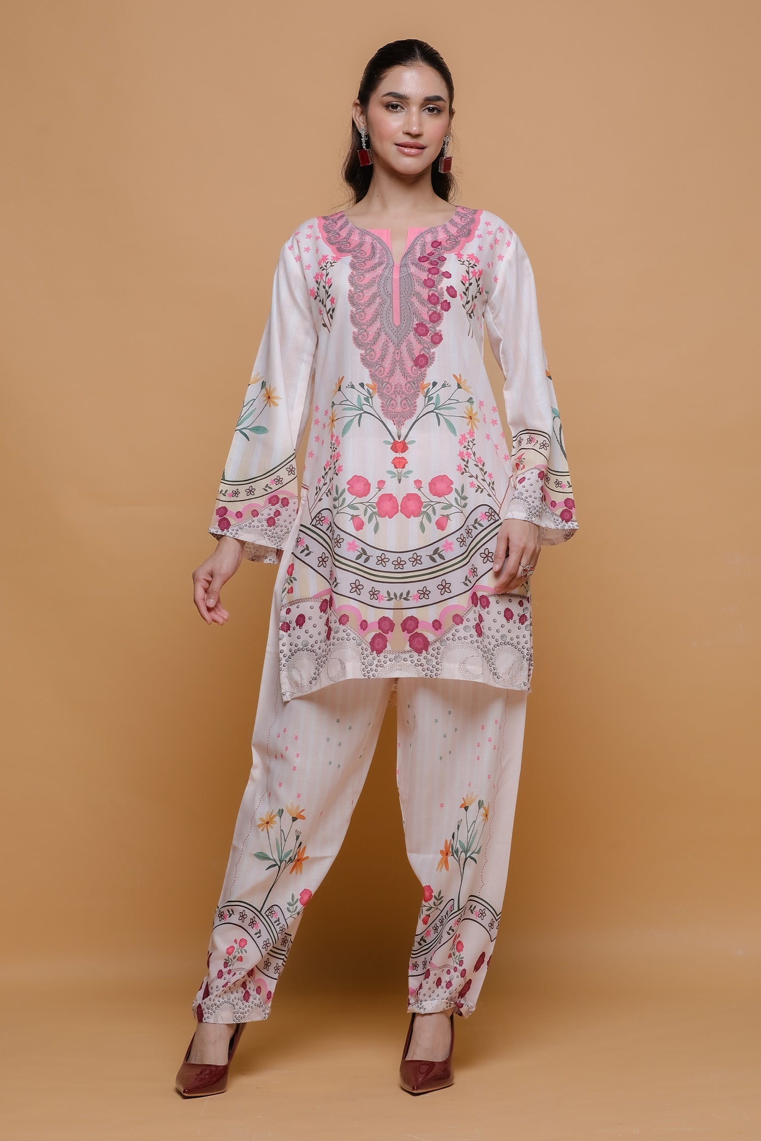 Neha x Ivory Floral Printed Lawn Cotton Co-ord Set with Straight Pants