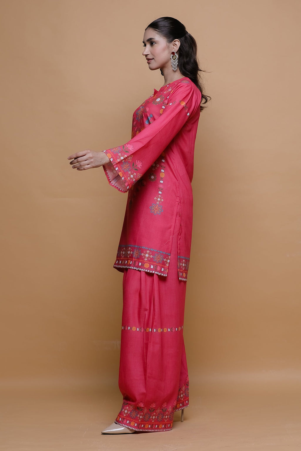 Prabhman In Raspberry Pink Printed Lawn Cotton Co-ord Set with Farsi Pants