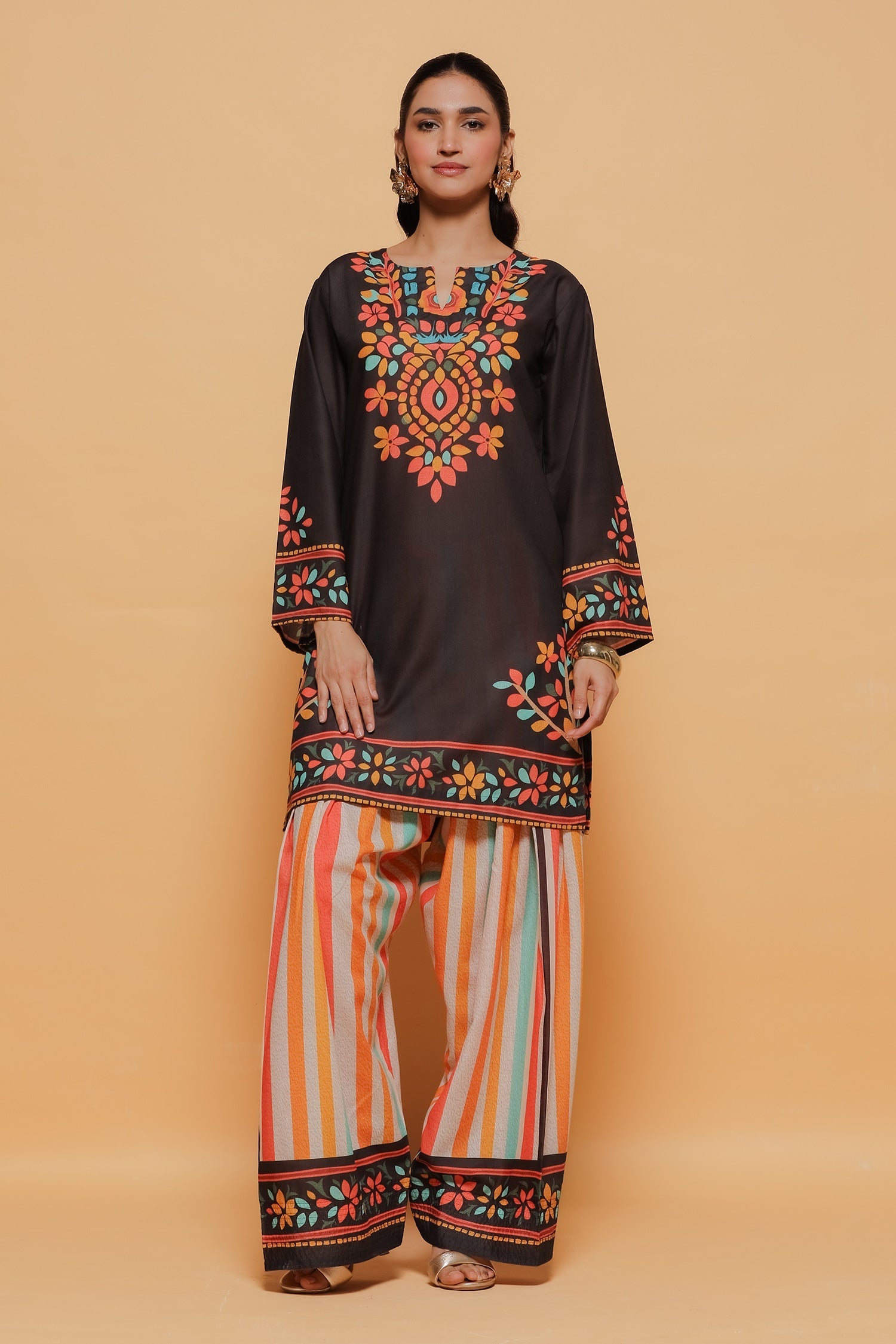 Neha x HOK in Black Multicolour Printed Lawn Cotton Co-ord Set with Farsi Pants