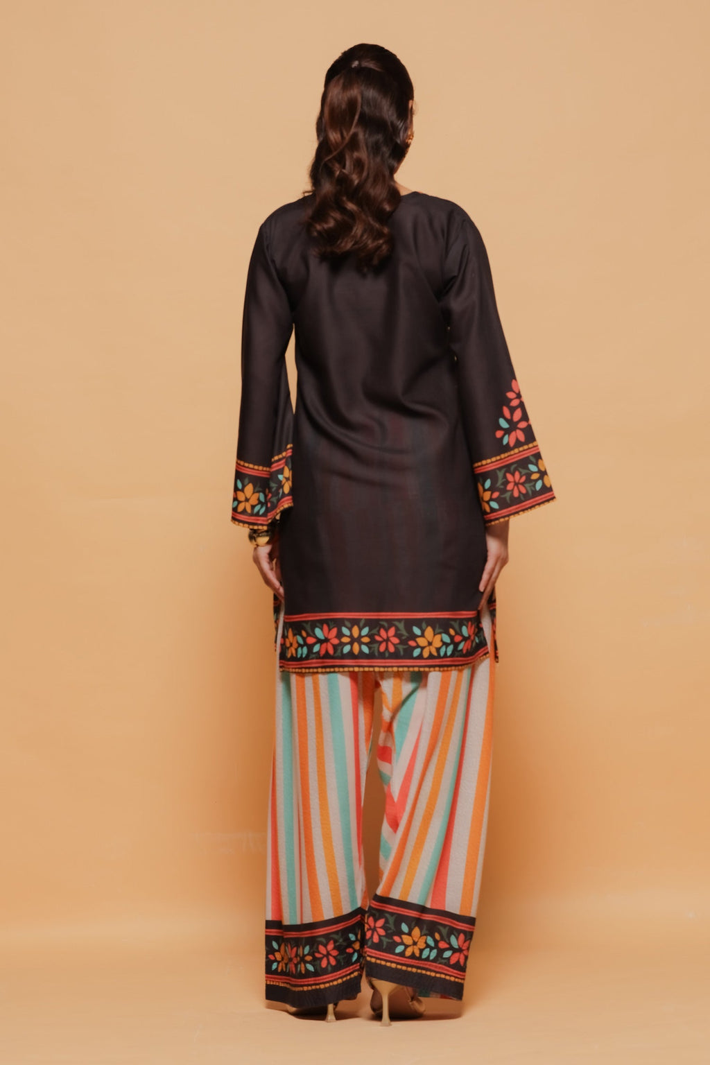 Plus Size - Black Multicolour Printed Lawn Cotton Co-ord Set with Farsi Pants