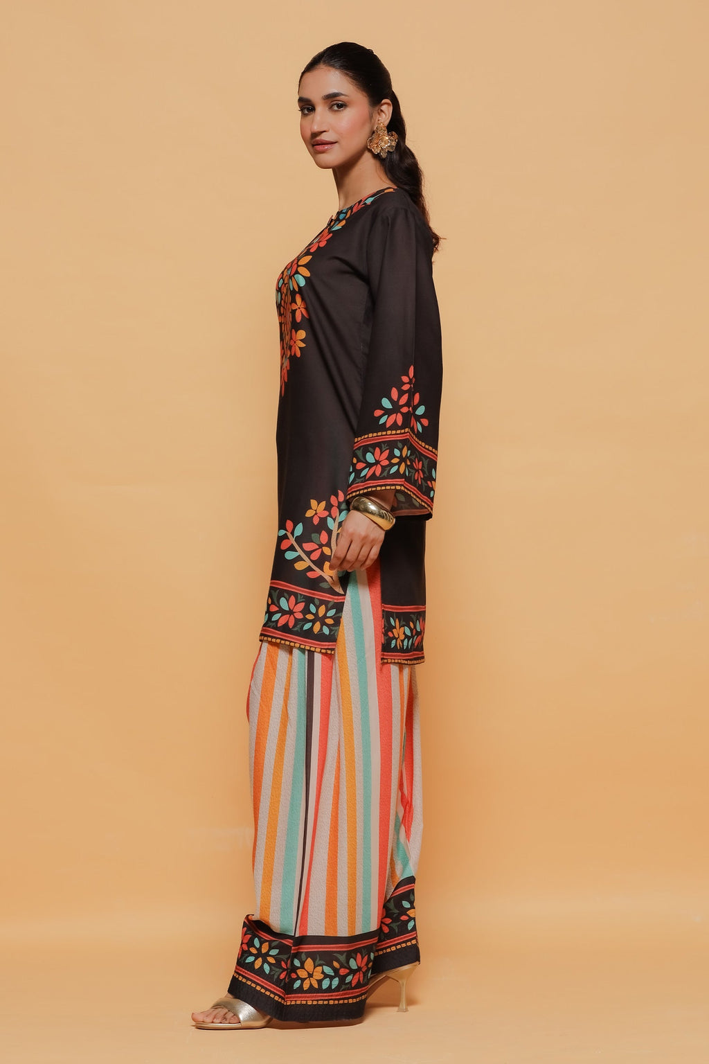 Plus Size - Black Multicolour Printed Lawn Cotton Co-ord Set with Farsi Pants